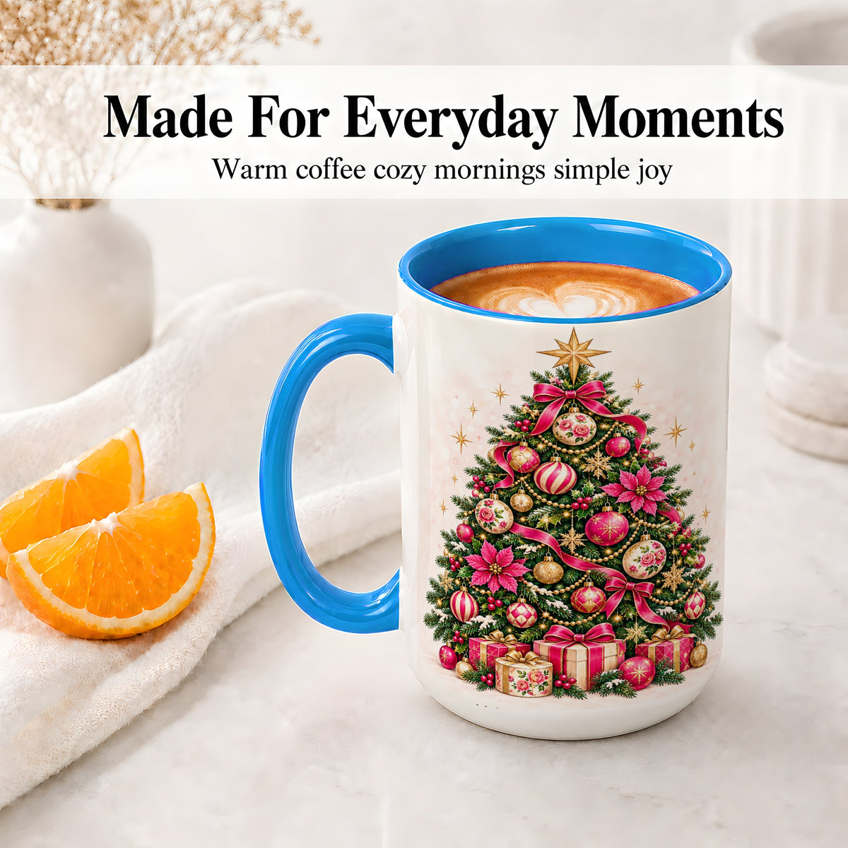 #pl[15oz|Blue] Pink Floral Christmas Tree Accent Mug, Ceramic Holiday Coffee Cup