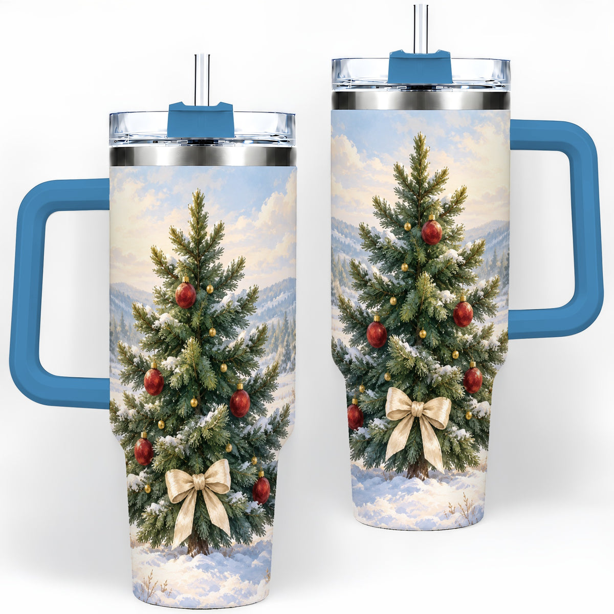 #pl[40oz|Blue] Snowy Christmas Tree 40oz Handled Tumbler, Winter Landscape Artwork