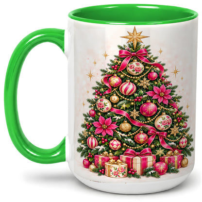 #pl[15oz|Green] Pink Floral Christmas Tree Accent Mug, Ceramic Holiday Coffee Cup