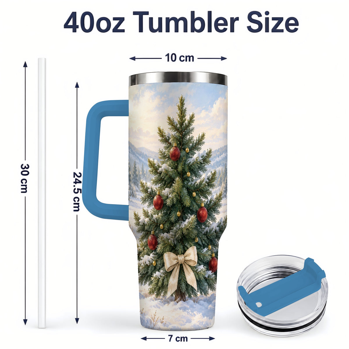 #pl[40oz|Blue] Snowy Christmas Tree 40oz Handled Tumbler, Winter Landscape Artwork