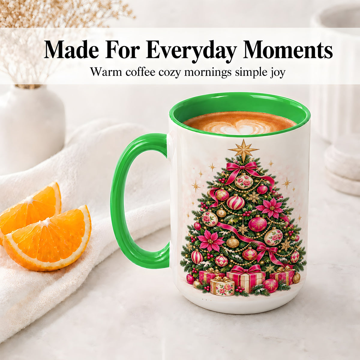 #pl[15oz|Green] Pink Floral Christmas Tree Accent Mug, Ceramic Holiday Coffee Cup
