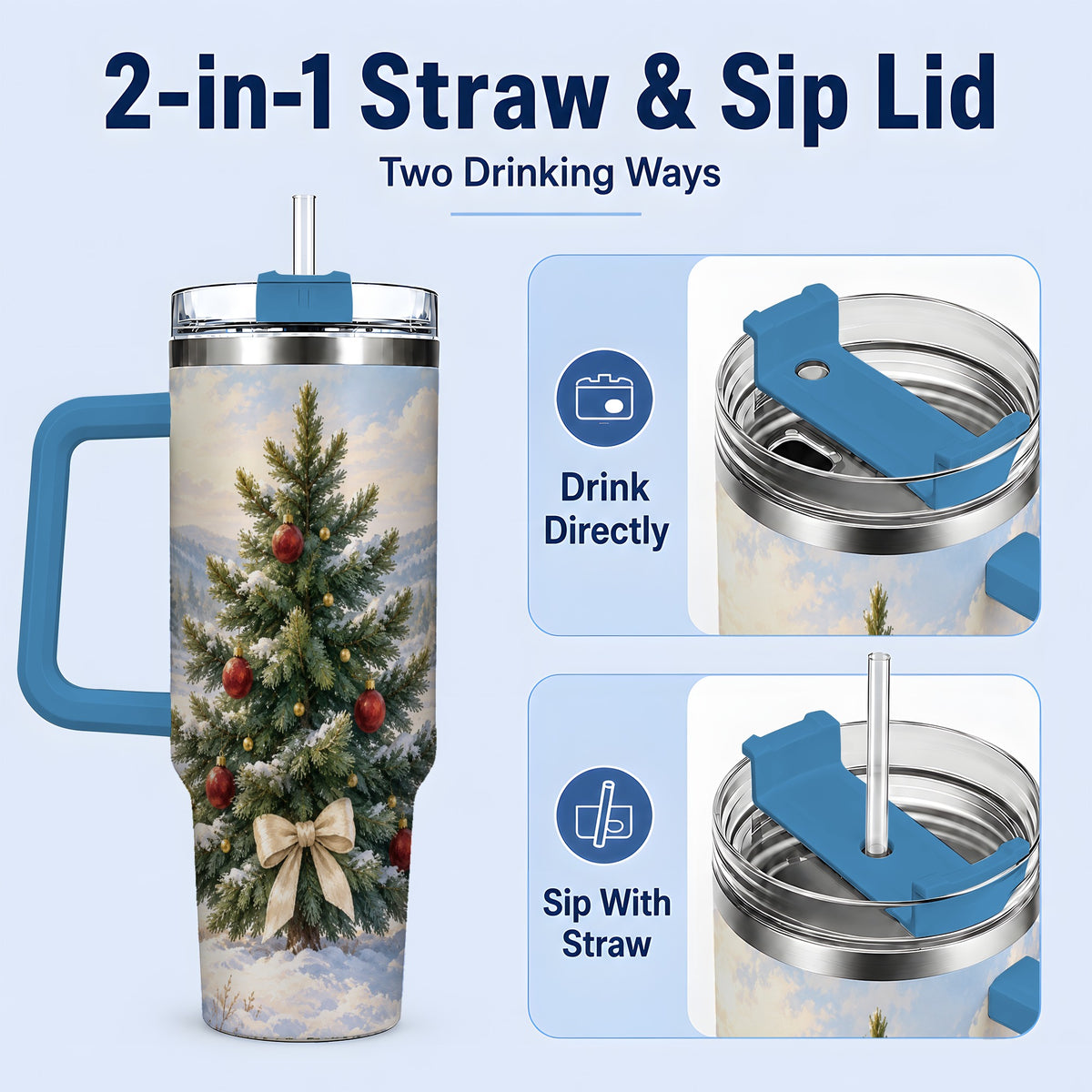 #pl[40oz|Blue] Snowy Christmas Tree 40oz Handled Tumbler, Winter Landscape Artwork