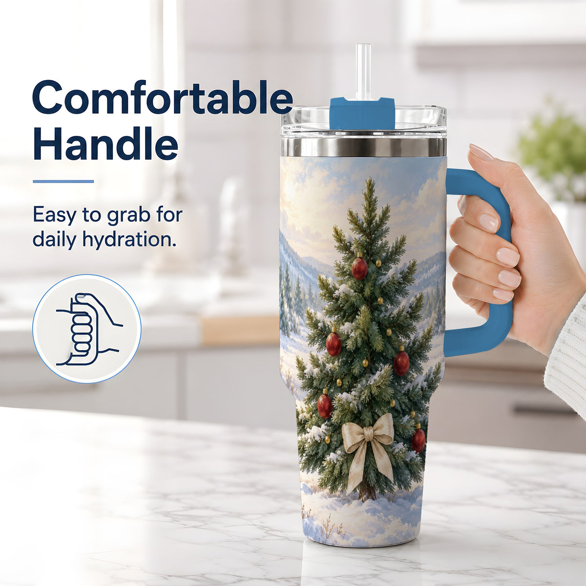 #pl[40oz|Blue] Snowy Christmas Tree 40oz Handled Tumbler, Winter Landscape Artwork