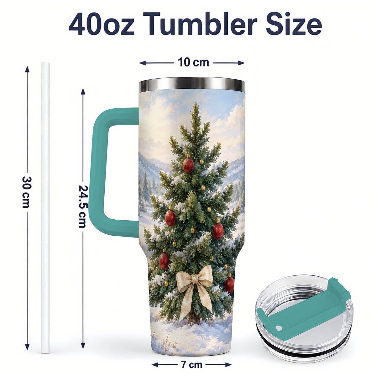 #pl[40oz|Green] Snowy Christmas Tree 40oz Handled Tumbler, Winter Landscape Artwork