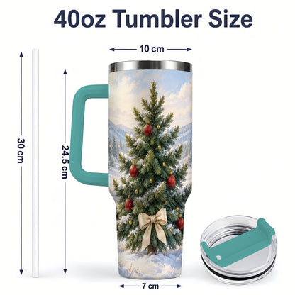 #pl[40oz|Green] Snowy Christmas Tree 40oz Handled Tumbler, Winter Landscape Artwork