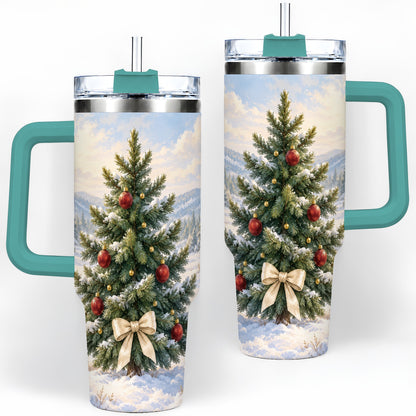 #pl[40oz|Green] Snowy Christmas Tree 40oz Handled Tumbler, Winter Landscape Artwork