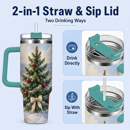 #pl[40oz|Green] Snowy Christmas Tree 40oz Handled Tumbler, Winter Landscape Artwork