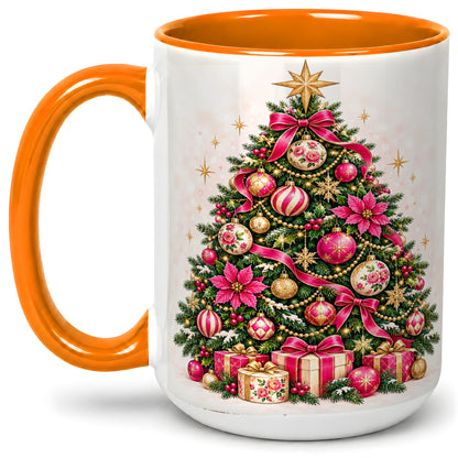 #pl[15oz|Orange] Pink Floral Christmas Tree Accent Mug, Ceramic Holiday Coffee Cup
