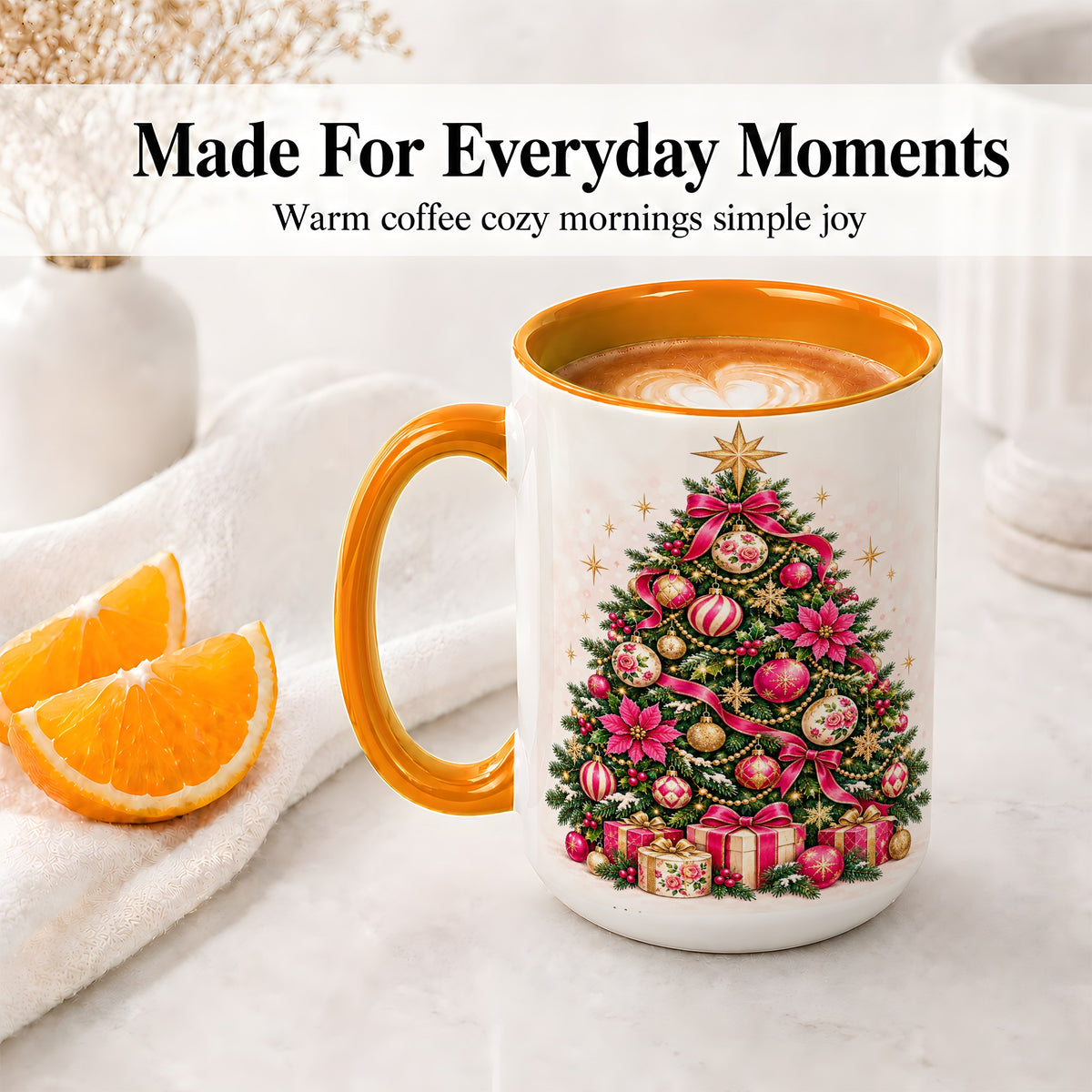 #pl[15oz|Orange] Pink Floral Christmas Tree Accent Mug, Ceramic Holiday Coffee Cup