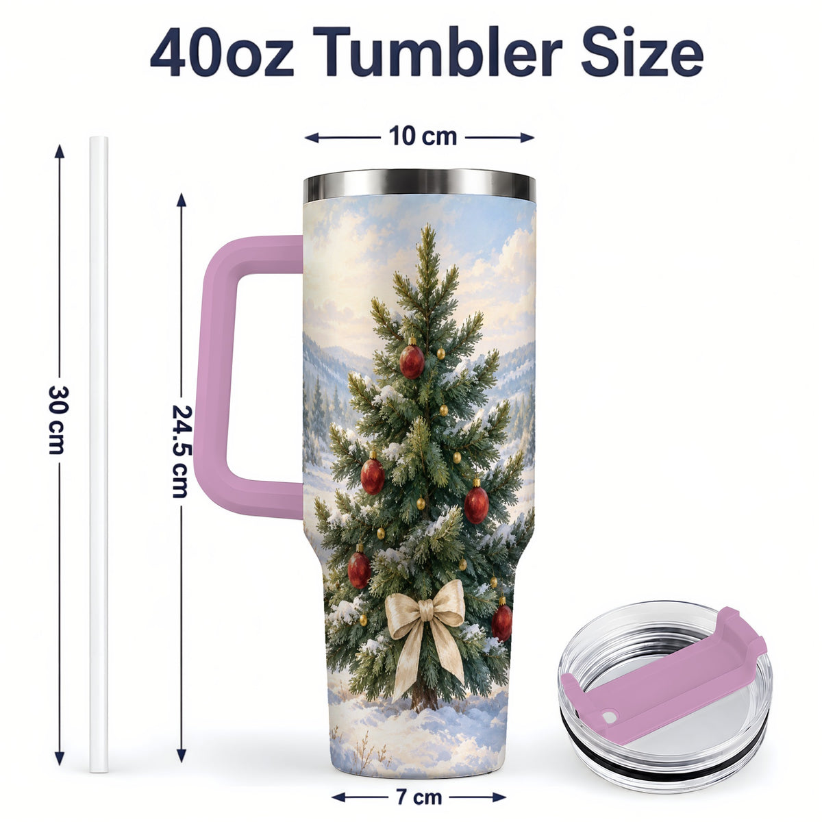 #pl[40oz|Pink] Snowy Christmas Tree 40oz Handled Tumbler, Winter Landscape Artwork