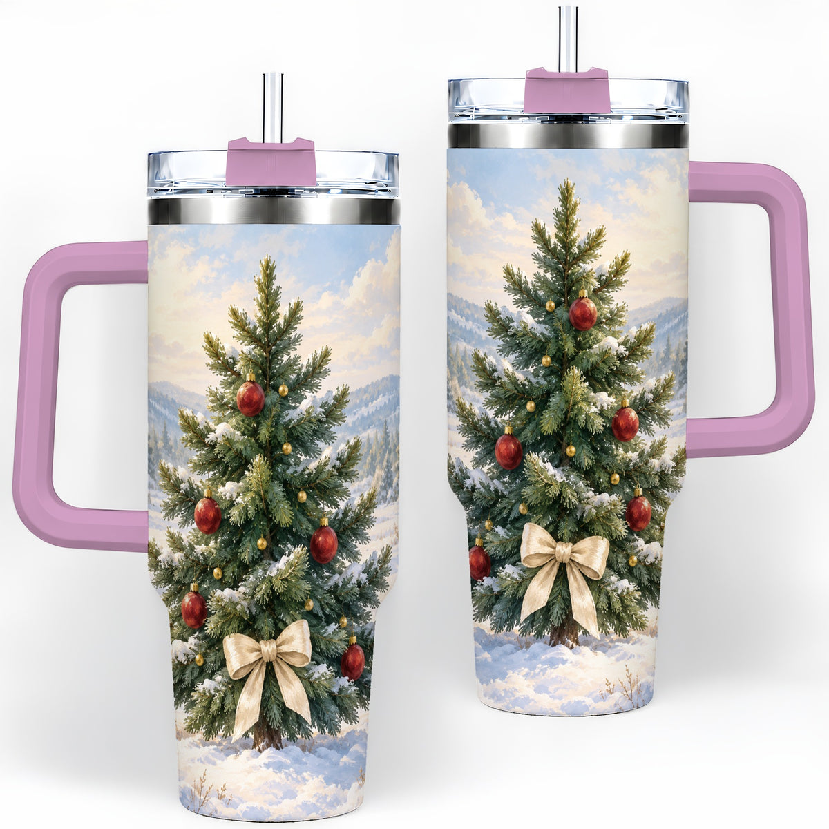 #pl[40oz|Pink] Snowy Christmas Tree 40oz Handled Tumbler, Winter Landscape Artwork