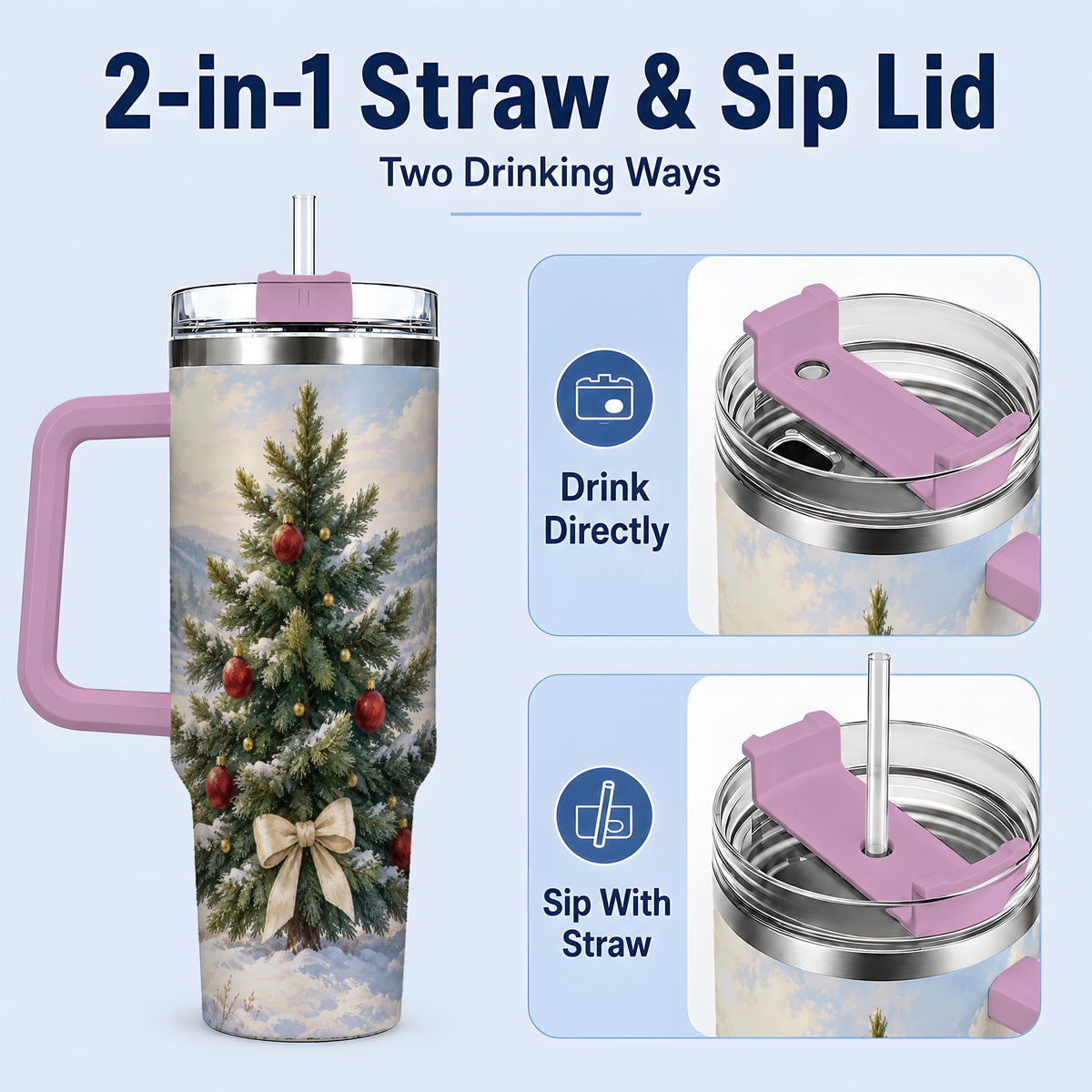 #pl[40oz|Pink] Snowy Christmas Tree 40oz Handled Tumbler, Winter Landscape Artwork