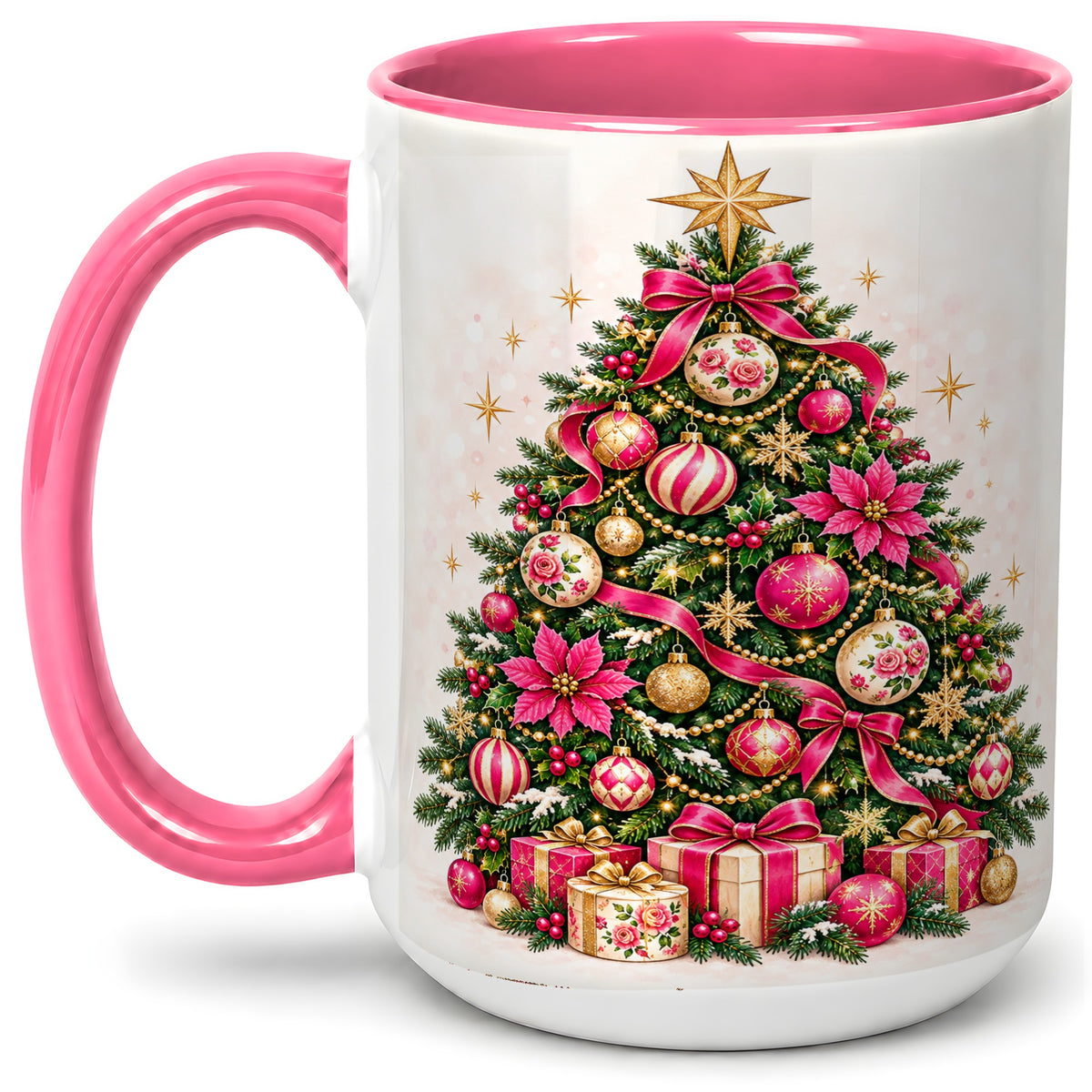 #pl[15oz|Pink] Pink Floral Christmas Tree Accent Mug, Ceramic Holiday Coffee Cup