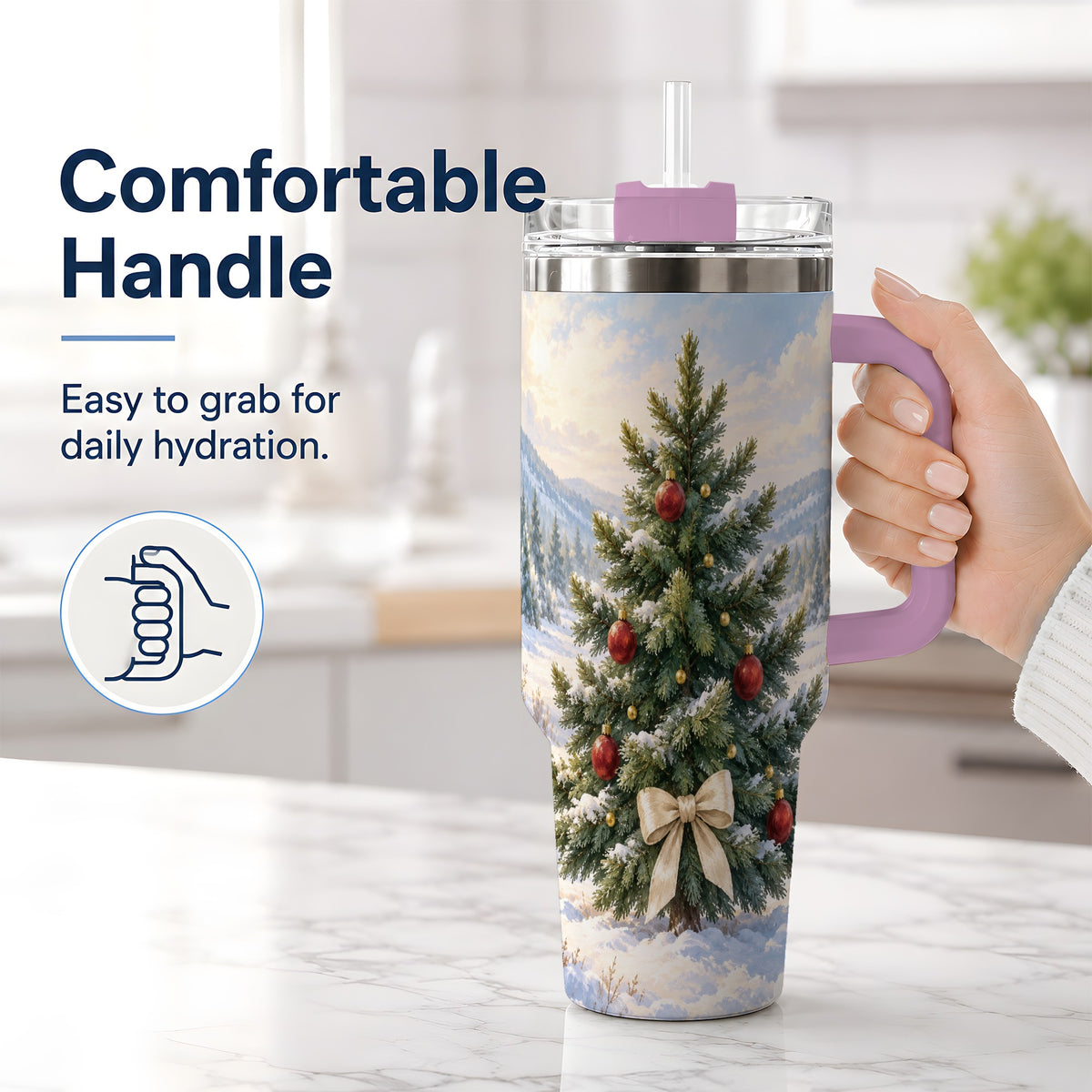 #pl[40oz|Pink] Snowy Christmas Tree 40oz Handled Tumbler, Winter Landscape Artwork