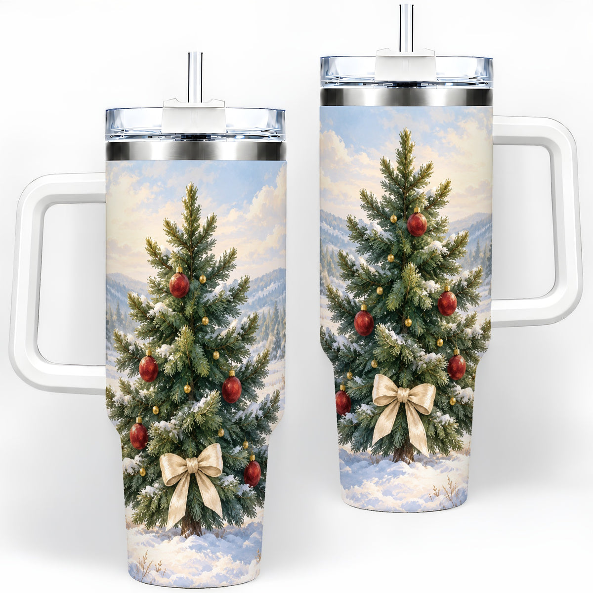 Snowy Christmas Tree 40oz Handled Tumbler, Winter Landscape Artwork