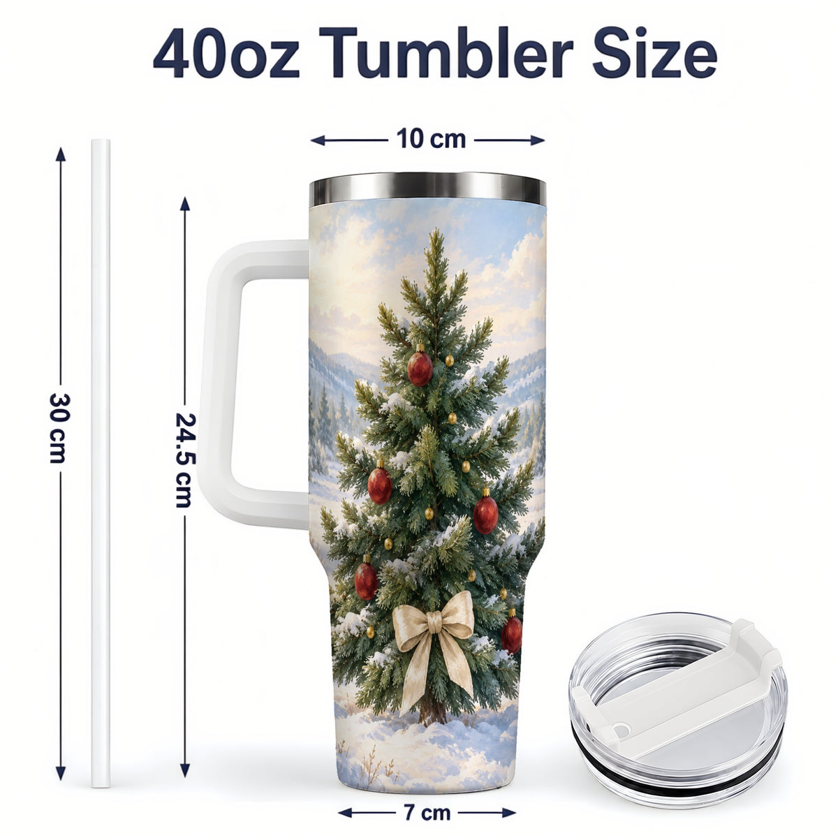 #pl[40oz|White] Snowy Christmas Tree 40oz Handled Tumbler, Winter Landscape Artwork