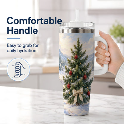 #pl[40oz|White] Snowy Christmas Tree 40oz Handled Tumbler, Winter Landscape Artwork