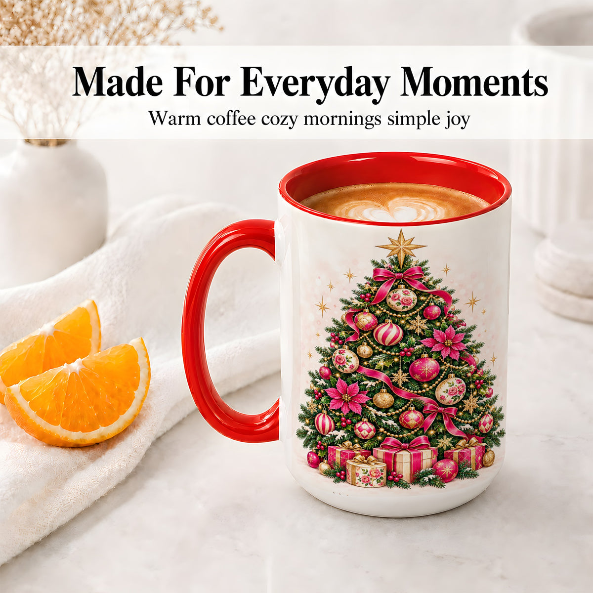 #pl[15oz|Red] Pink Floral Christmas Tree Accent Mug, Ceramic Holiday Coffee Cup