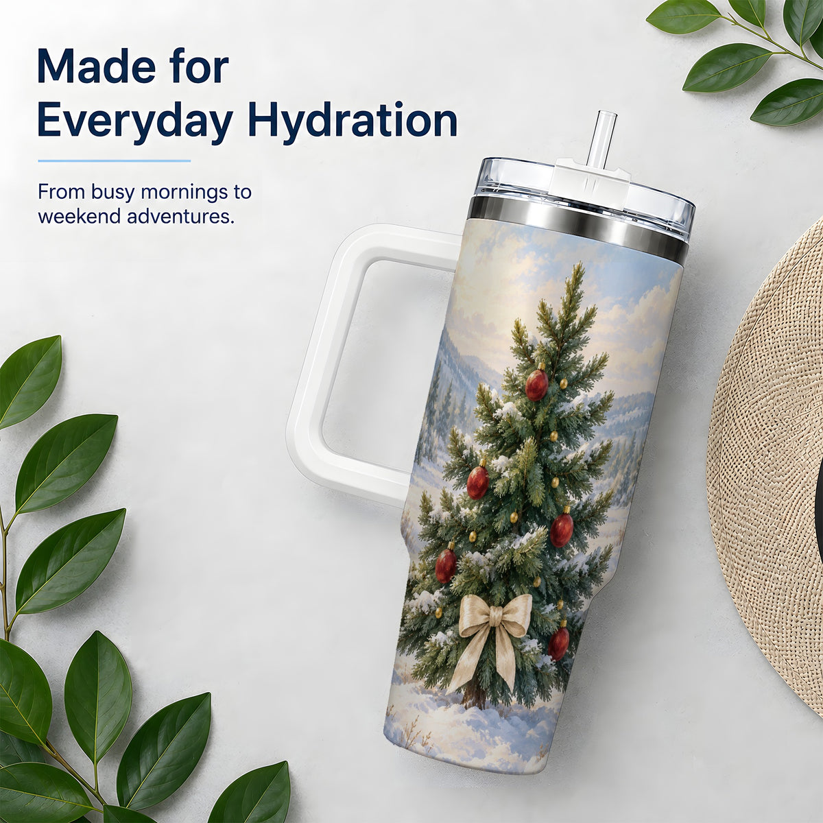 Snowy Christmas Tree 40oz Handled Tumbler, Winter Landscape Artwork