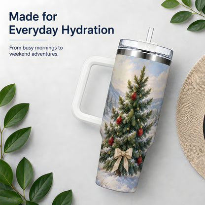 Snowy Christmas Tree 40oz Handled Tumbler, Winter Landscape Artwork