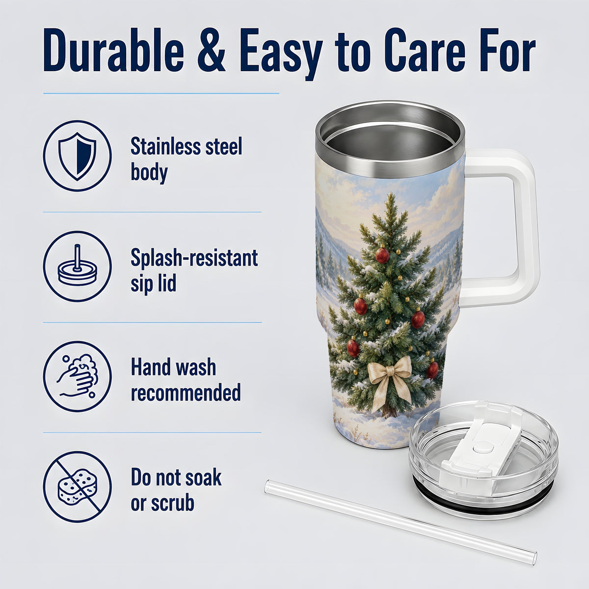 Snowy Christmas Tree 40oz Handled Tumbler, Winter Landscape Artwork