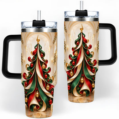 #pl[40oz|Black] Elegant Ribbon Christmas Tree 40oz Handled Tumbler, Festive Ornament Art