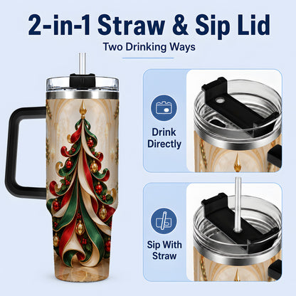 #pl[40oz|Black] Elegant Ribbon Christmas Tree 40oz Handled Tumbler, Festive Ornament Art
