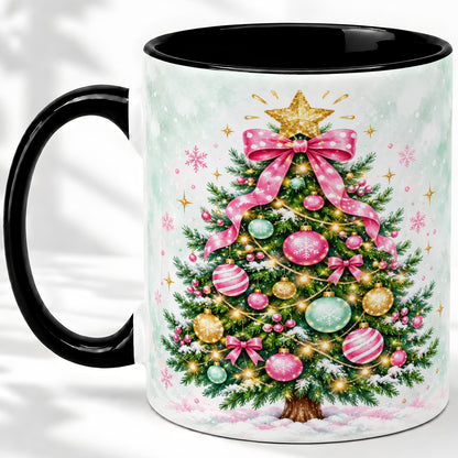 #pl[11oz|Black] Pink Bow Christmas Tree Accent Mug, Ceramic Pastel Holiday Cup