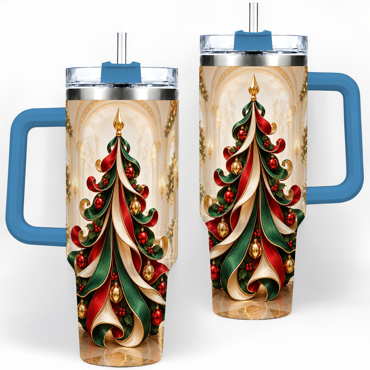 #pl[40oz|Blue] Elegant Ribbon Christmas Tree 40oz Handled Tumbler, Festive Ornament Art