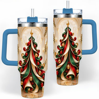 #pl[40oz|Blue] Elegant Ribbon Christmas Tree 40oz Handled Tumbler, Festive Ornament Art