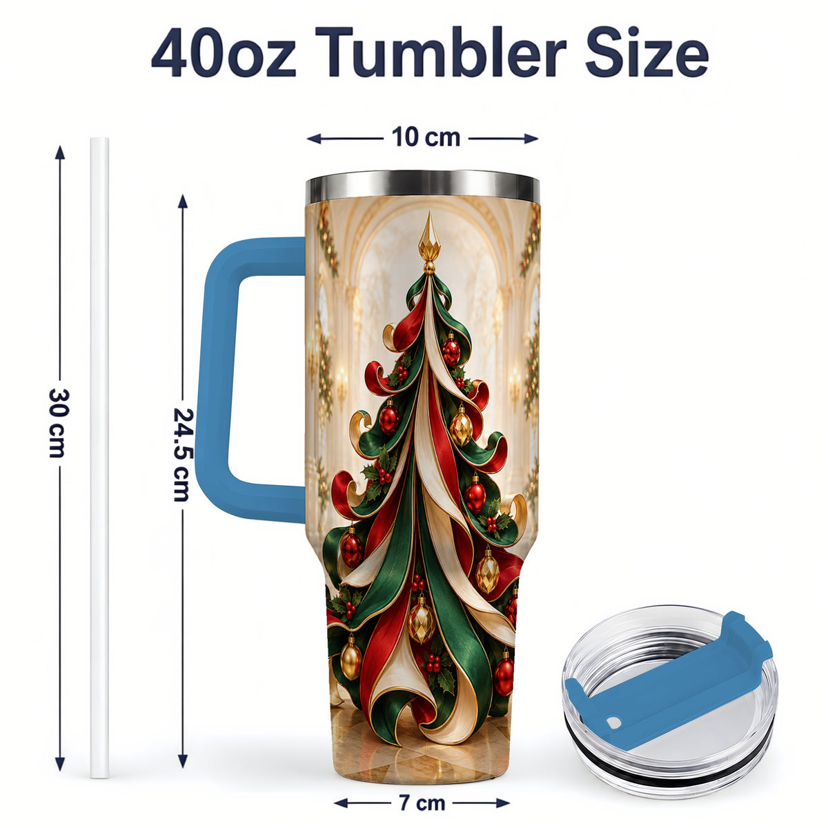 #pl[40oz|Blue] Elegant Ribbon Christmas Tree 40oz Handled Tumbler, Festive Ornament Art