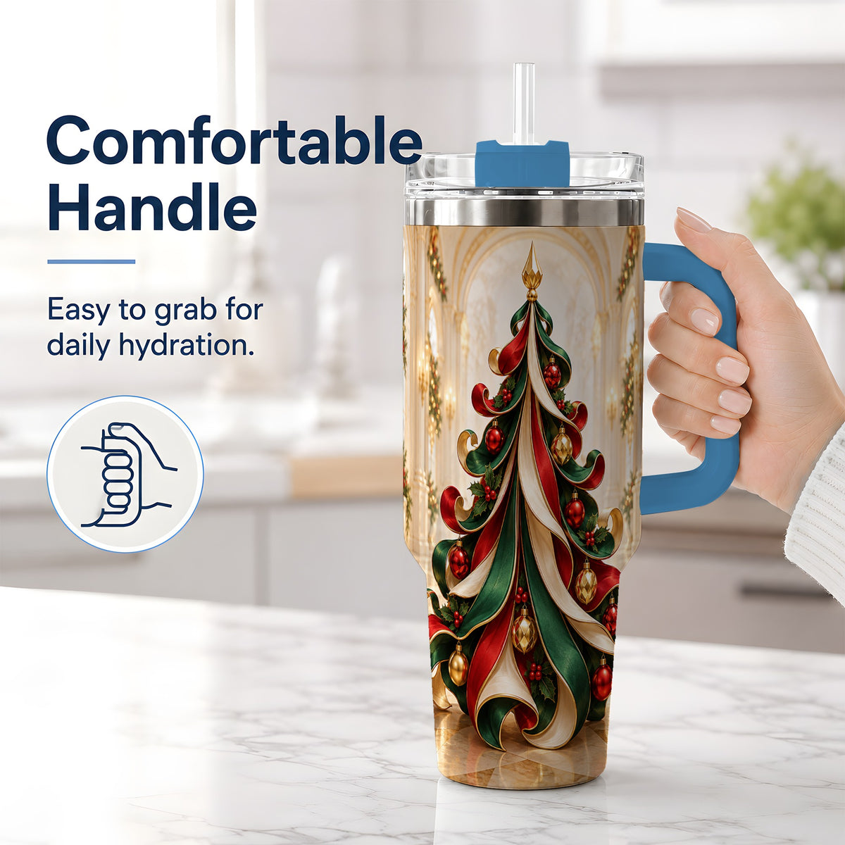 #pl[40oz|Blue] Elegant Ribbon Christmas Tree 40oz Handled Tumbler, Festive Ornament Art