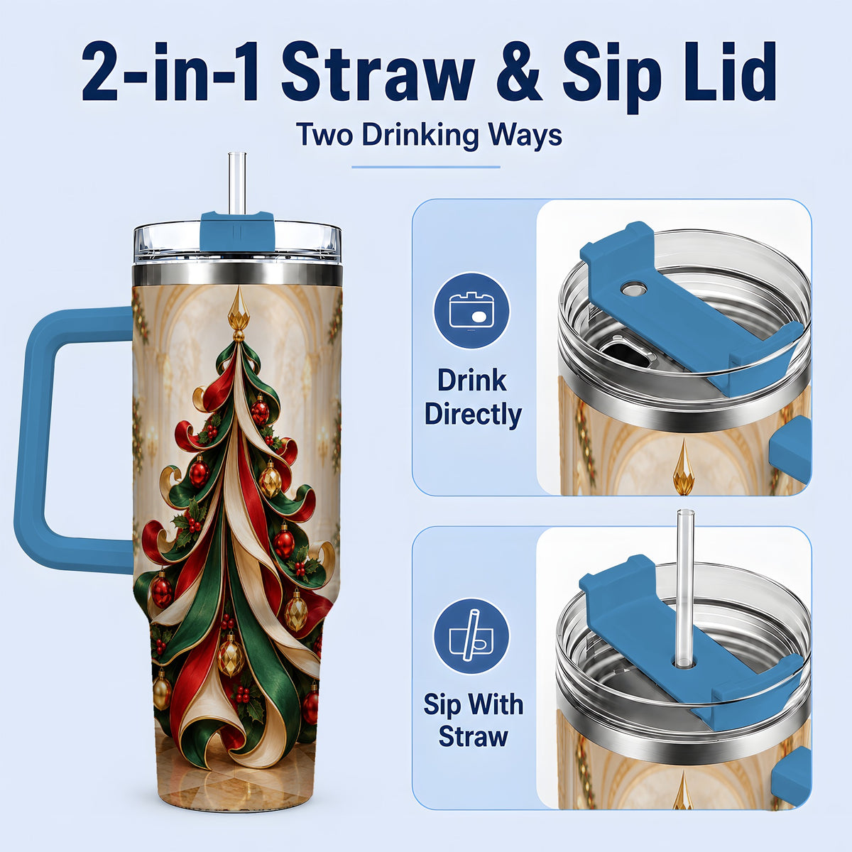 #pl[40oz|Blue] Elegant Ribbon Christmas Tree 40oz Handled Tumbler, Festive Ornament Art