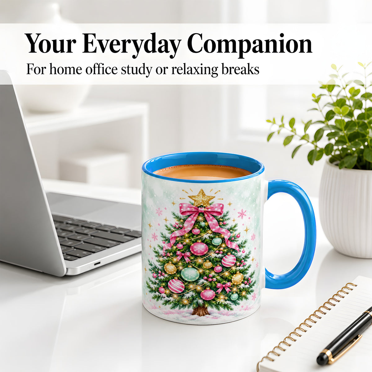 #pl[11oz|Blue] Pink Bow Christmas Tree Accent Mug, Ceramic Pastel Holiday Cup