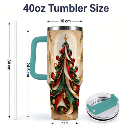 #pl[40oz|Green] Elegant Ribbon Christmas Tree 40oz Handled Tumbler, Festive Ornament Art