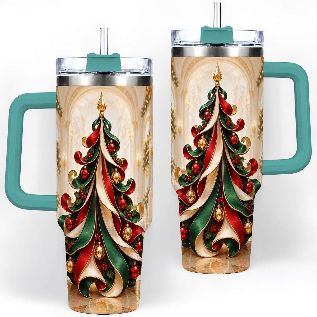 #pl[40oz|Green] Elegant Ribbon Christmas Tree 40oz Handled Tumbler, Festive Ornament Art