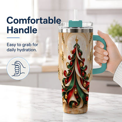 #pl[40oz|Green] Elegant Ribbon Christmas Tree 40oz Handled Tumbler, Festive Ornament Art