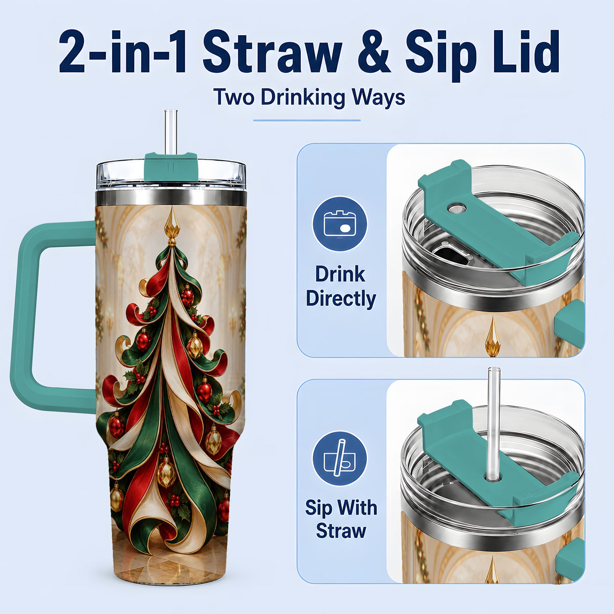 #pl[40oz|Green] Elegant Ribbon Christmas Tree 40oz Handled Tumbler, Festive Ornament Art