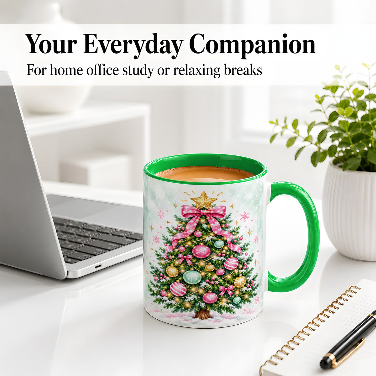 #pl[11oz|Green] Pink Bow Christmas Tree Accent Mug, Ceramic Pastel Holiday Cup