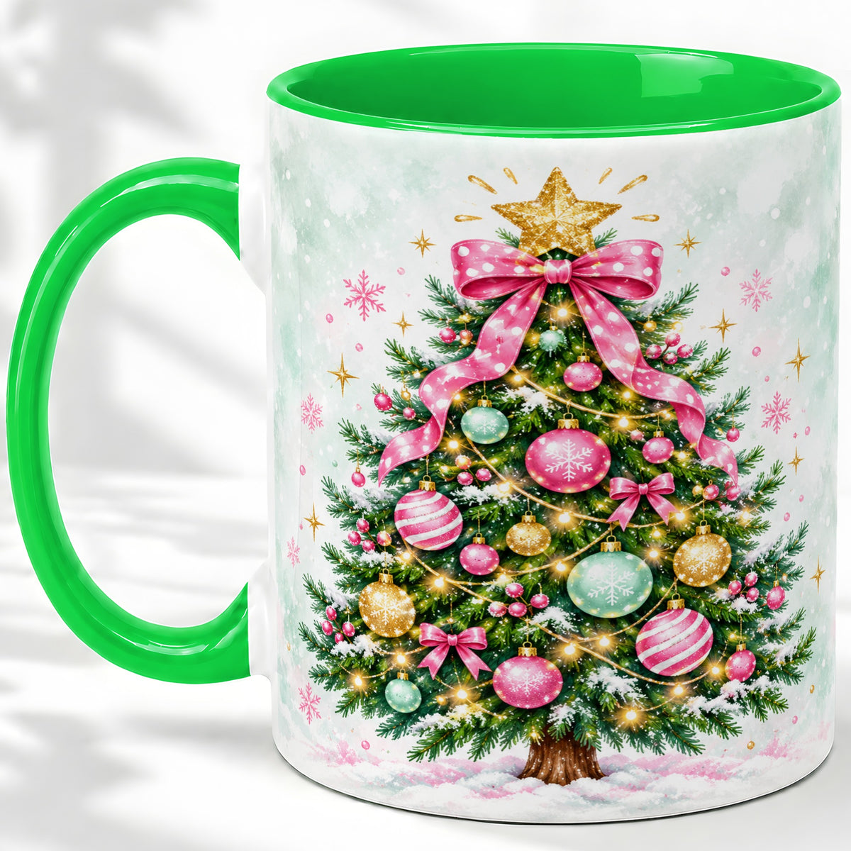 #pl[11oz|Green] Pink Bow Christmas Tree Accent Mug, Ceramic Pastel Holiday Cup