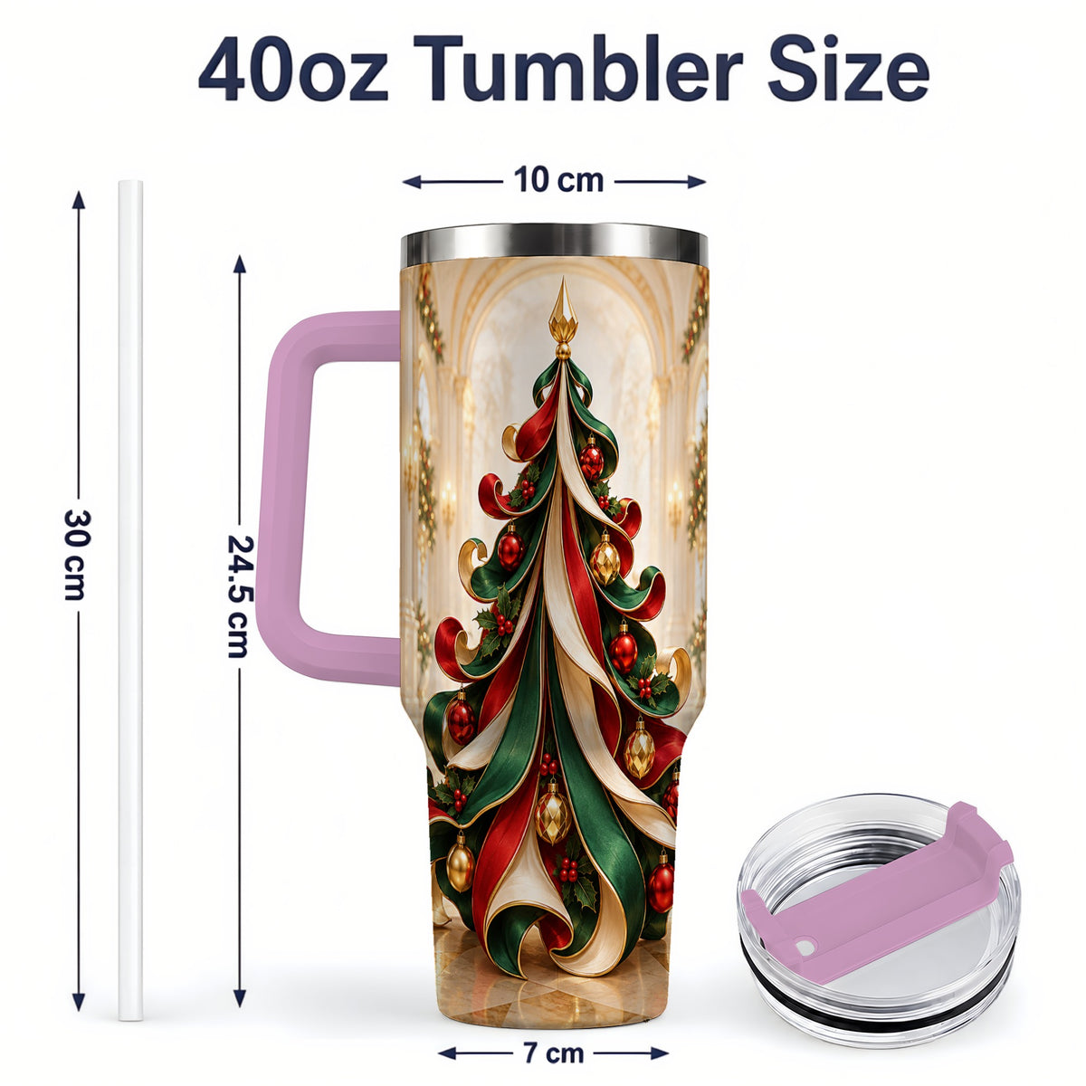 #pl[40oz|Pink] Elegant Ribbon Christmas Tree 40oz Handled Tumbler, Festive Ornament Art