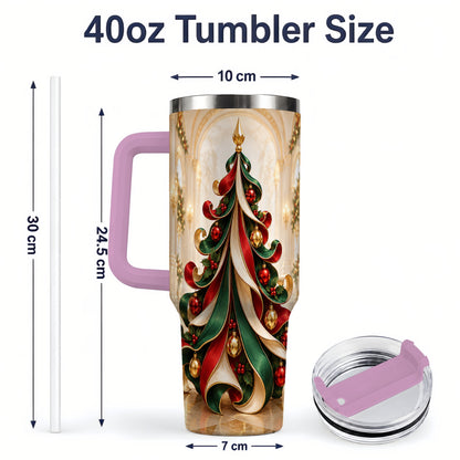 #pl[40oz|Pink] Elegant Ribbon Christmas Tree 40oz Handled Tumbler, Festive Ornament Art