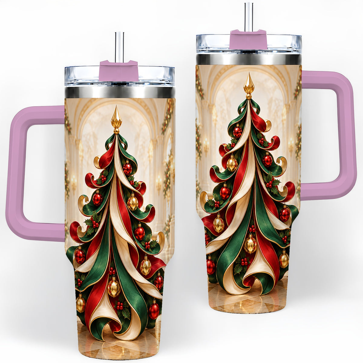 #pl[40oz|Pink] Elegant Ribbon Christmas Tree 40oz Handled Tumbler, Festive Ornament Art