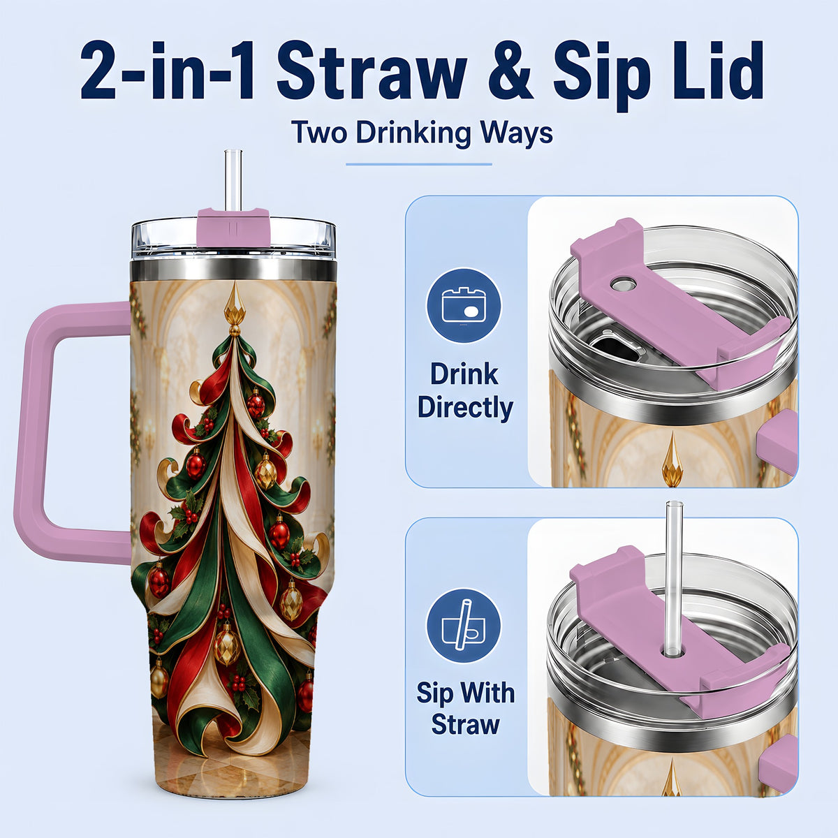 #pl[40oz|Pink] Elegant Ribbon Christmas Tree 40oz Handled Tumbler, Festive Ornament Art
