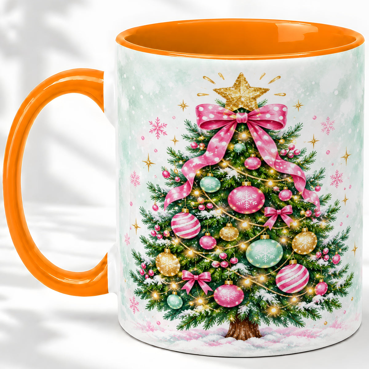 #pl[11oz|Orange] Pink Bow Christmas Tree Accent Mug, Ceramic Pastel Holiday Cup