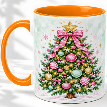 #pl[11oz|Orange] Pink Bow Christmas Tree Accent Mug, Ceramic Pastel Holiday Cup