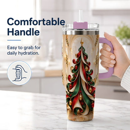 #pl[40oz|Pink] Elegant Ribbon Christmas Tree 40oz Handled Tumbler, Festive Ornament Art