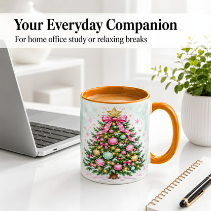 #pl[11oz|Orange] Pink Bow Christmas Tree Accent Mug, Ceramic Pastel Holiday Cup