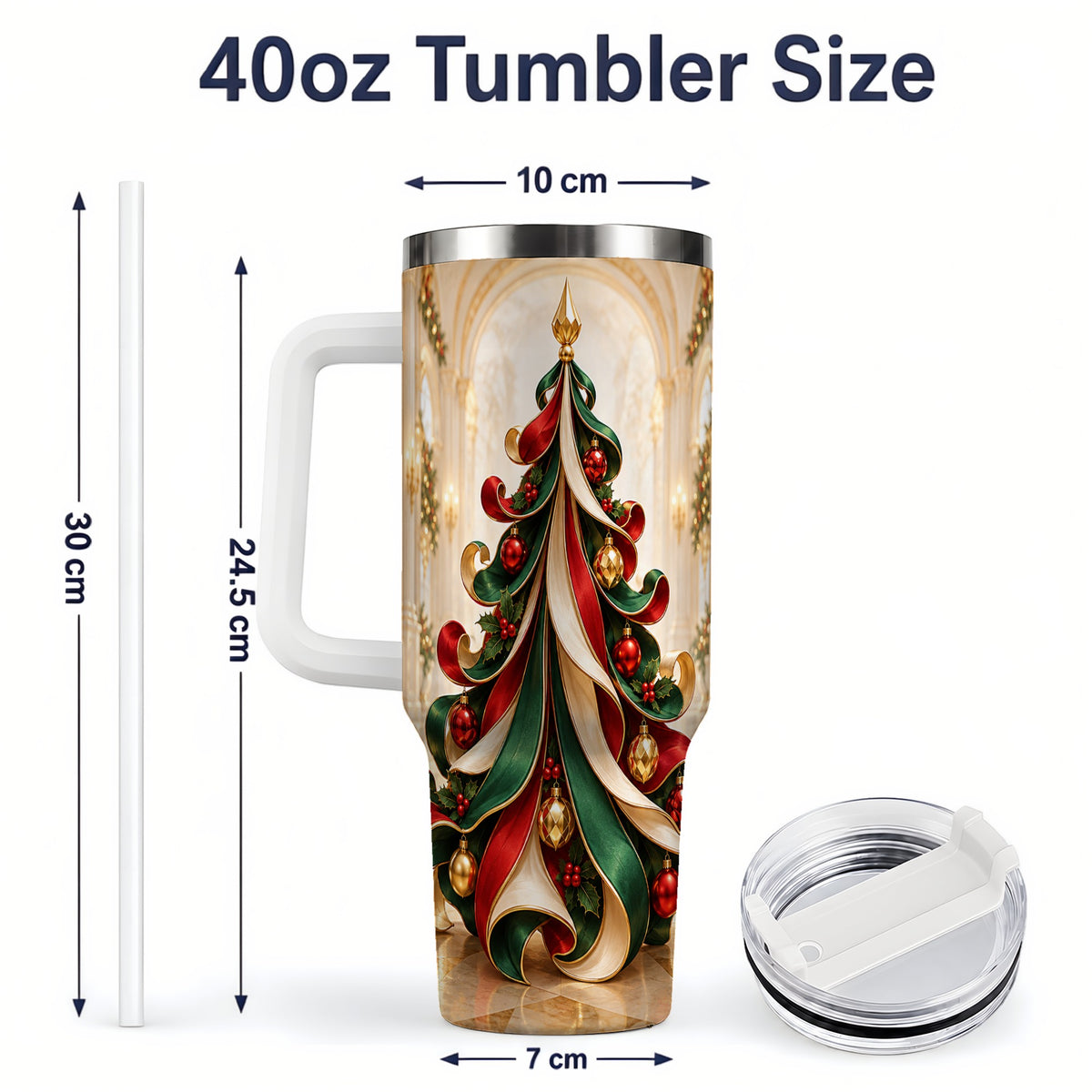 #pl[40oz|White] Elegant Ribbon Christmas Tree 40oz Handled Tumbler, Festive Ornament Art