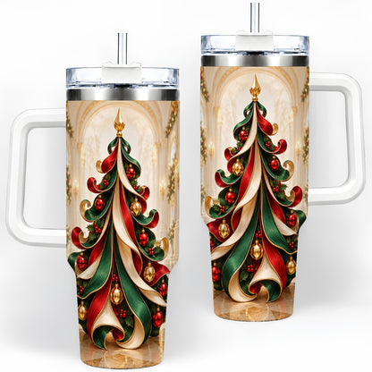 Elegant Ribbon Christmas Tree 40oz Handled Tumbler, Festive Ornament Art